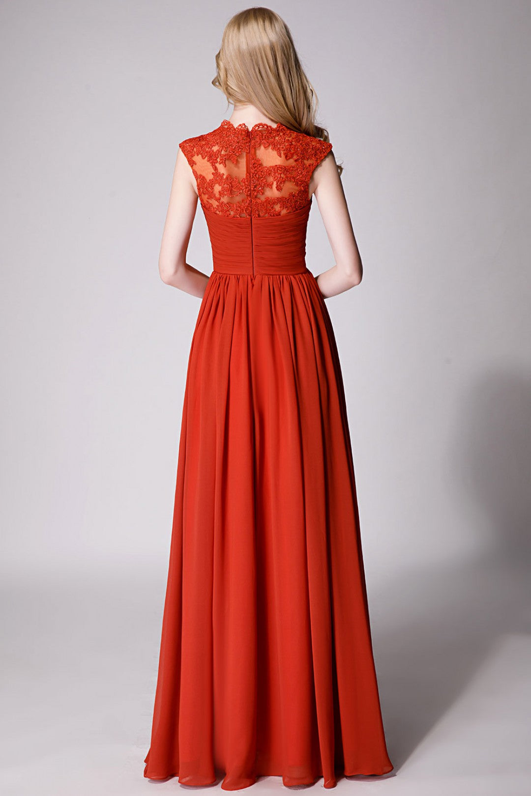 Rust Modest Cap Sleeves Chiffon Long Bridesmaid Dress with Lace Back