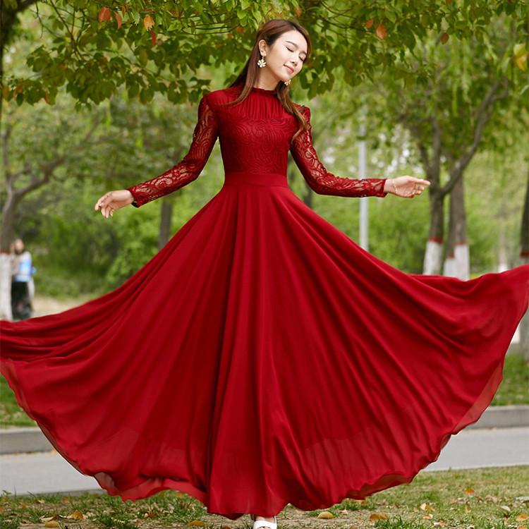 long sleeve red dresses Charming Long Lace Sleeves Pleated Chiffon Long Red Maxi Dress – iwearmystyle