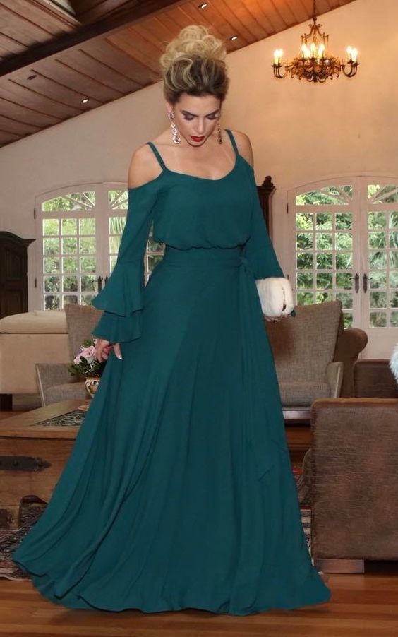 Green Cold Shoulder Flared Sleeve Maxi Dress