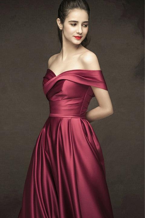 Off Shoulder Ruched Corset Back A-Line Satin Wedding Prom Dress