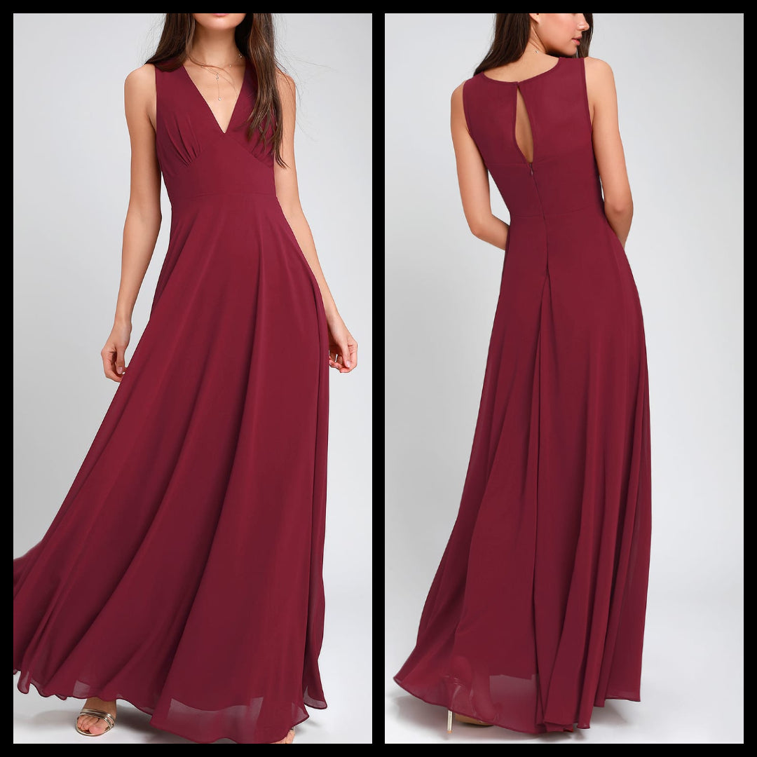 V Neck Wine Maxi Dress