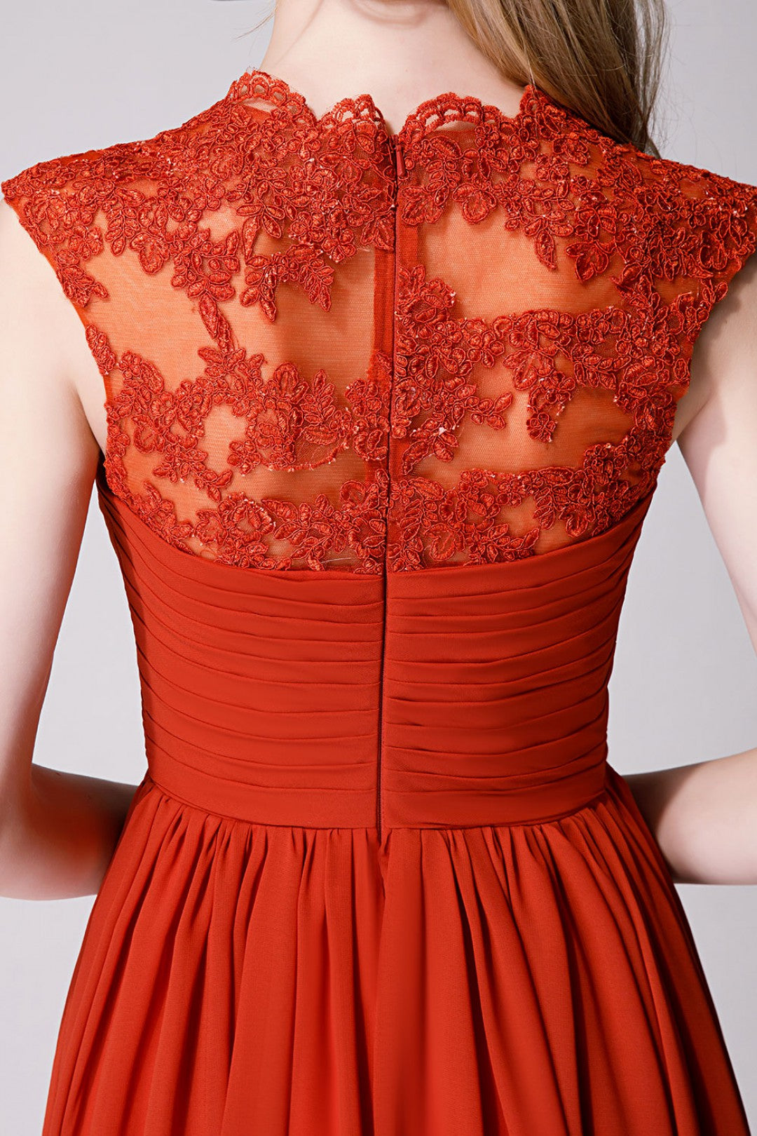 Rust Modest Cap Sleeves Chiffon Long Bridesmaid Dress with Lace Back