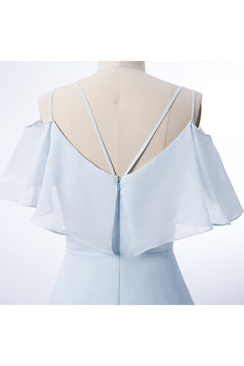 Double Spaghetti Straps V Neck Georgette Bridesmaid Dress with Flouncing Top