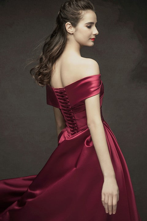 Off Shoulder Ruched Corset Back A-Line Satin Wedding Prom Dress