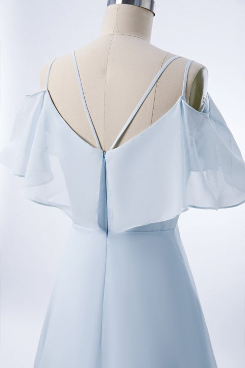 Double Spaghetti Straps V Neck Georgette Bridesmaid Dress with Flouncing Top