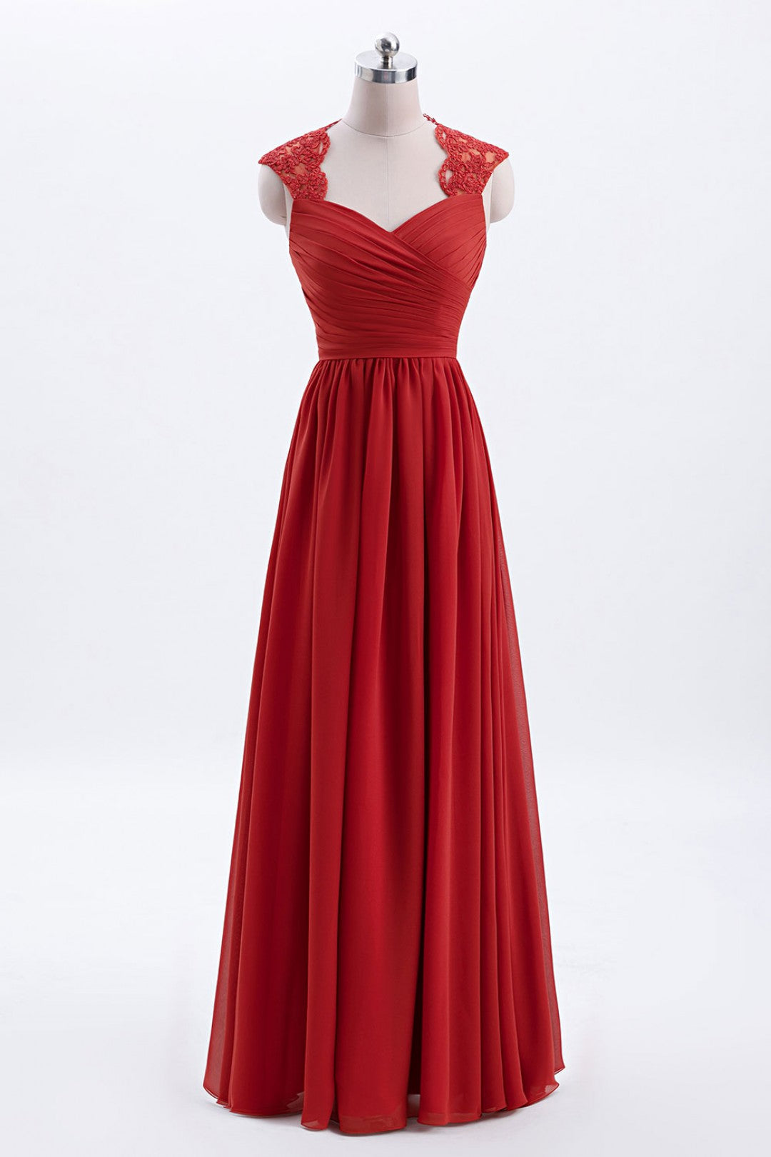 Rust Modest Cap Sleeves Chiffon Long Bridesmaid Dress with Lace Back