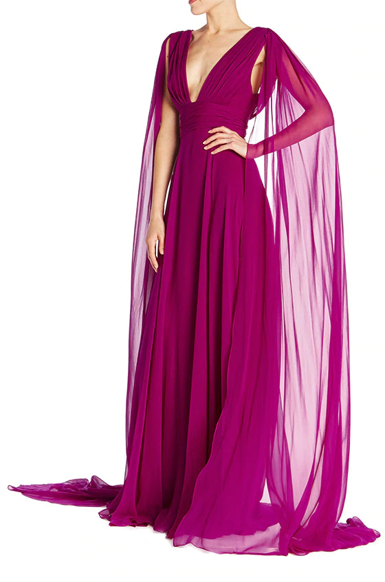 Burgundy V Neck Cape Sleeves Dress