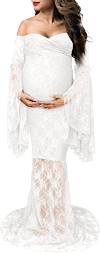 White Lace Sweeatheart Neckline Bell Sleeves Maternity Dress