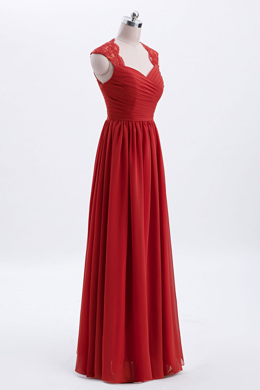 Rust Modest Cap Sleeves Chiffon Long Bridesmaid Dress with Lace Back