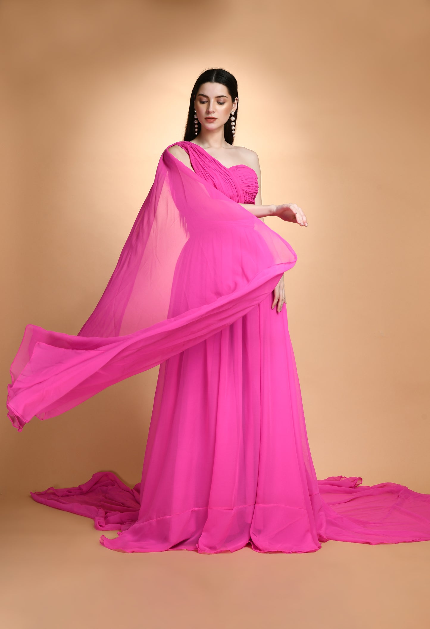 Hot Pink One Shoulder Enigma Maxi Dress