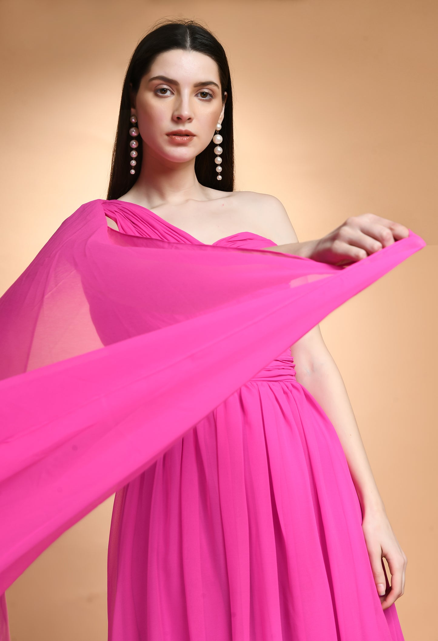 Hot Pink One Shoulder Enigma Maxi Dress