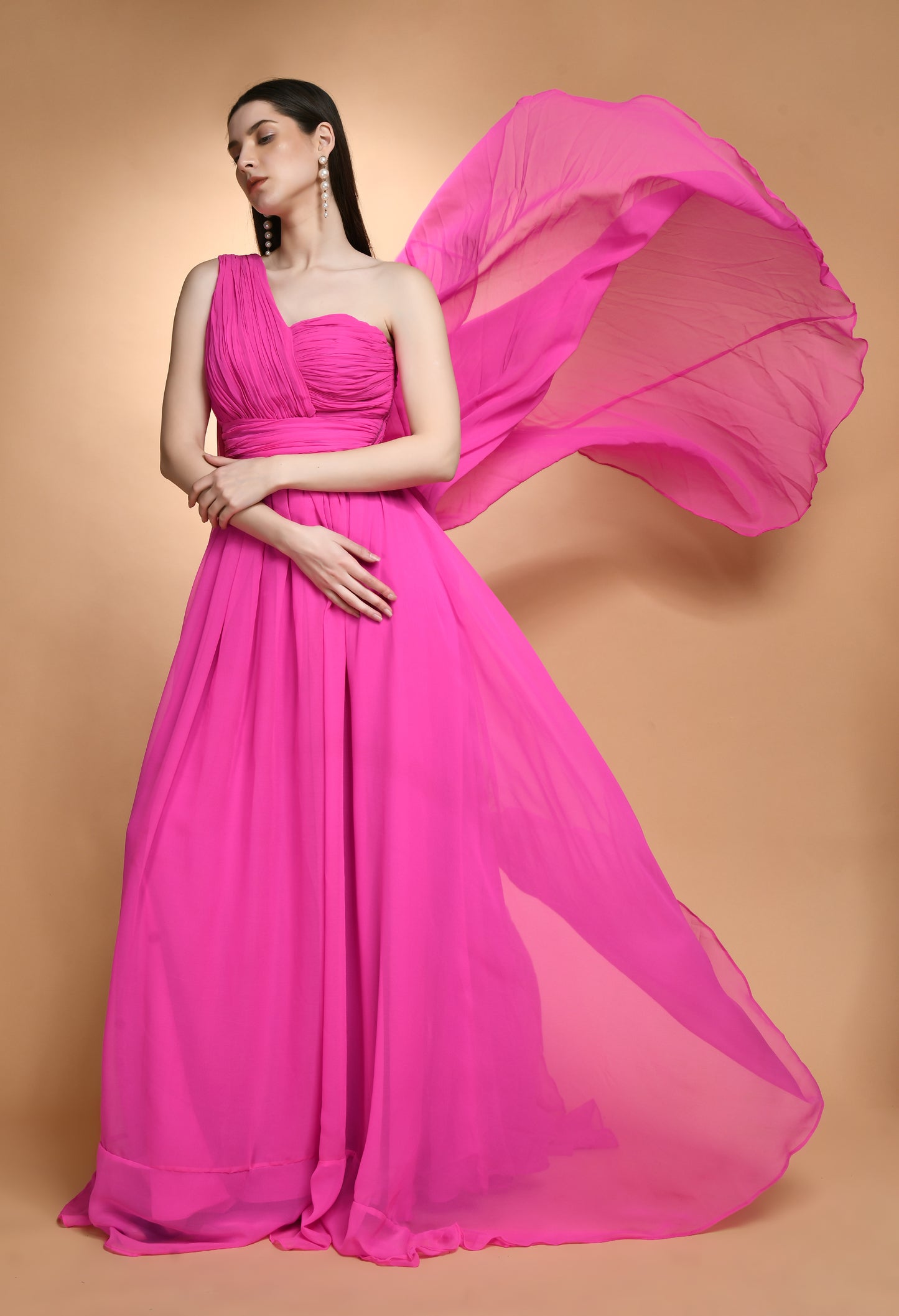 Hot Pink One Shoulder Enigma Maxi Dress