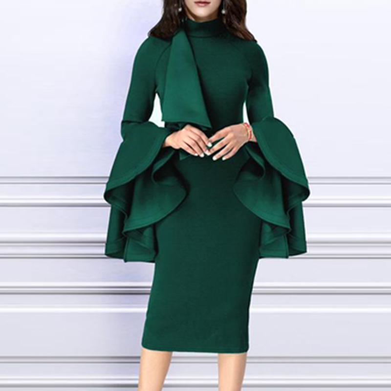 Emerald Green Bell Sleeves Belted Midi Dress