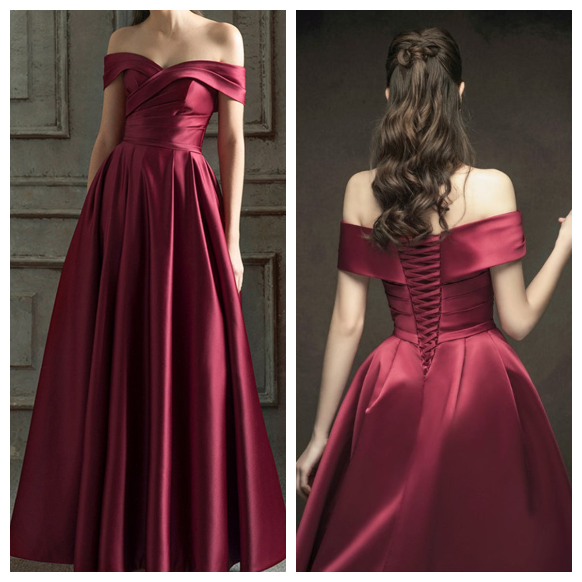 Off Shoulder Ruched Corset Back A-Line Satin Wedding Prom Dress