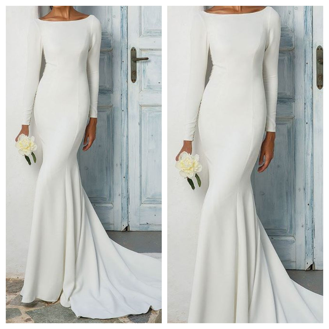 White Full Sleeves Trail Gown