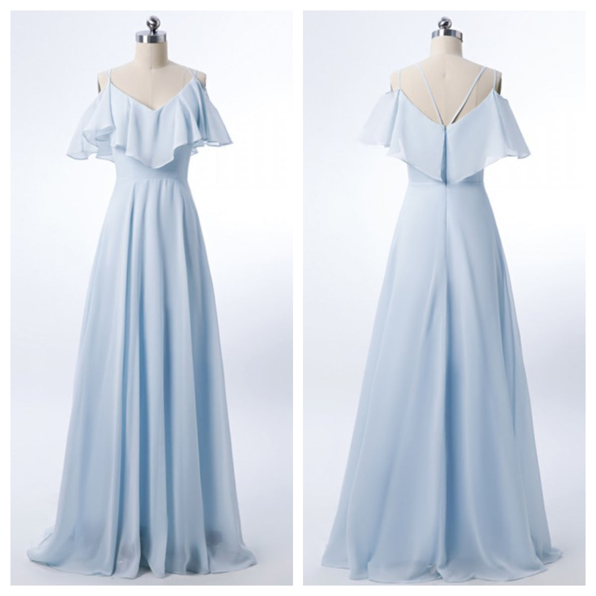 Double Spaghetti Straps V Neck Georgette Bridesmaid Dress with Flouncing Top