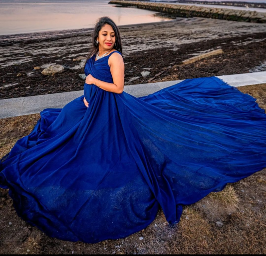 Royal blue Double Draped Maternity Maxi Dress with Trail