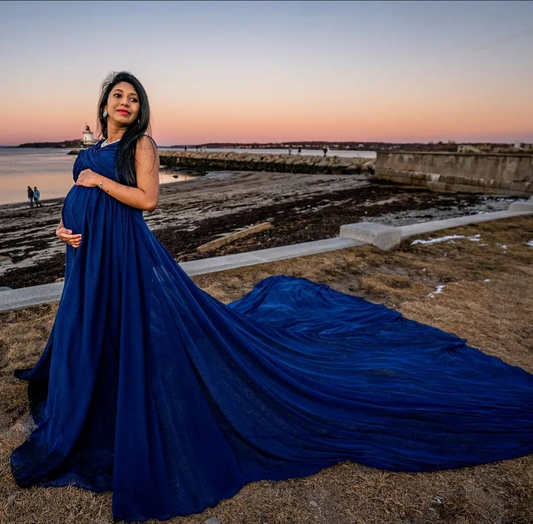 Royal blue Double Draped Maternity Maxi Dress with Trail