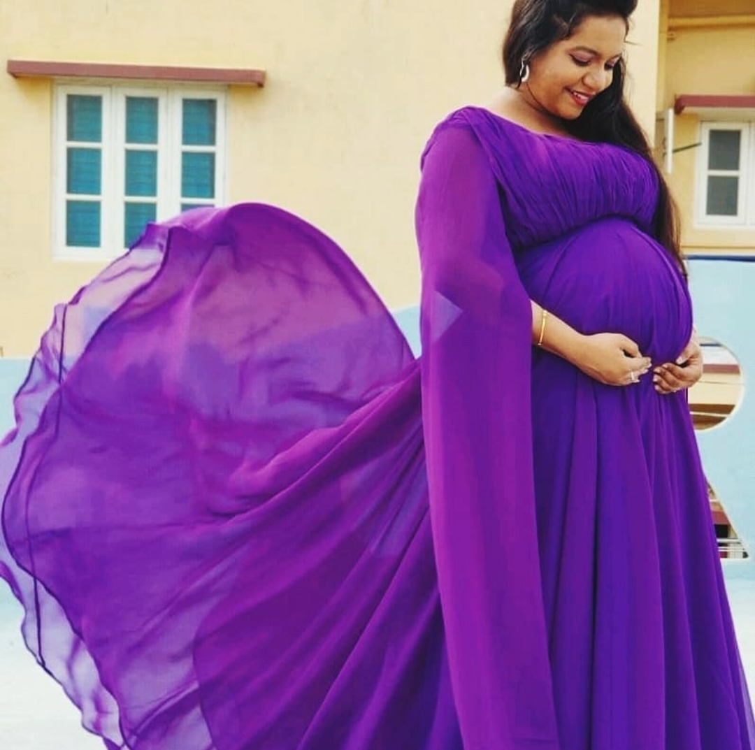 Purple Maternity Cape Sleeves Maxi Dress with trail