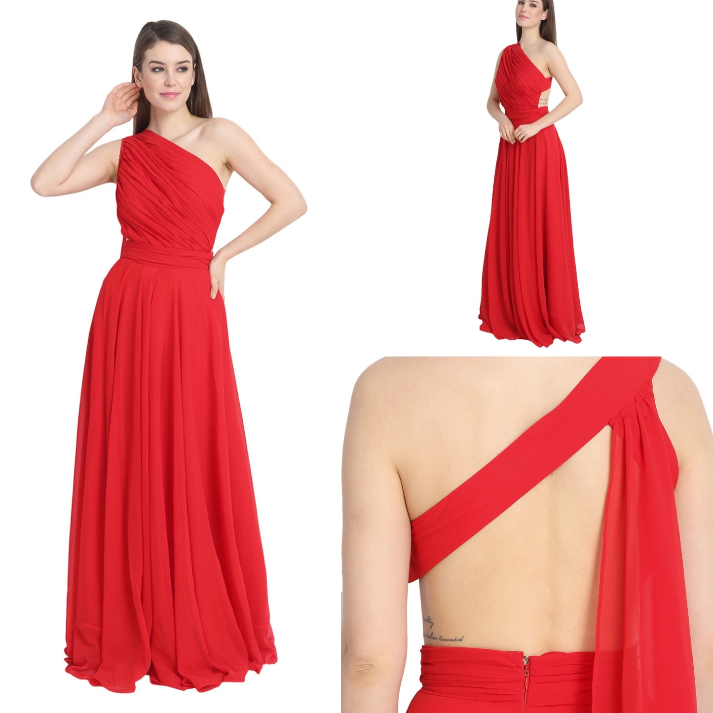 Red Draped One Shoulder Maxi Dress