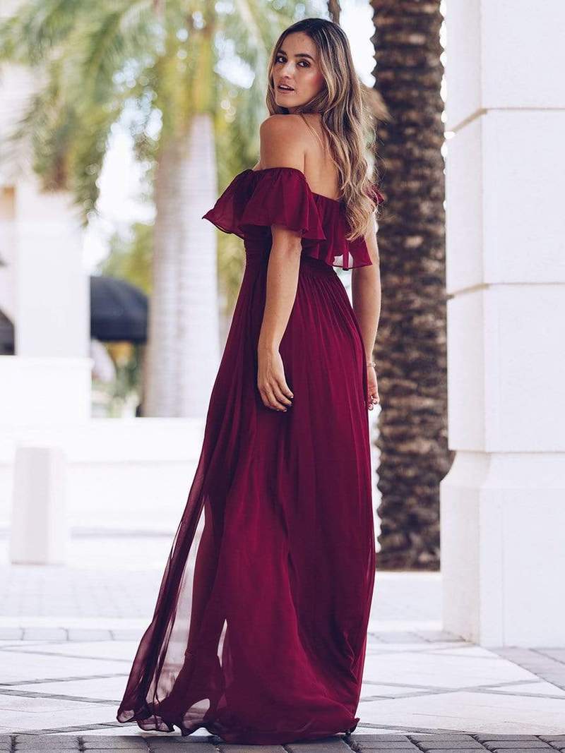 Maroon Off Shoulder Frilled Maxi Dress
