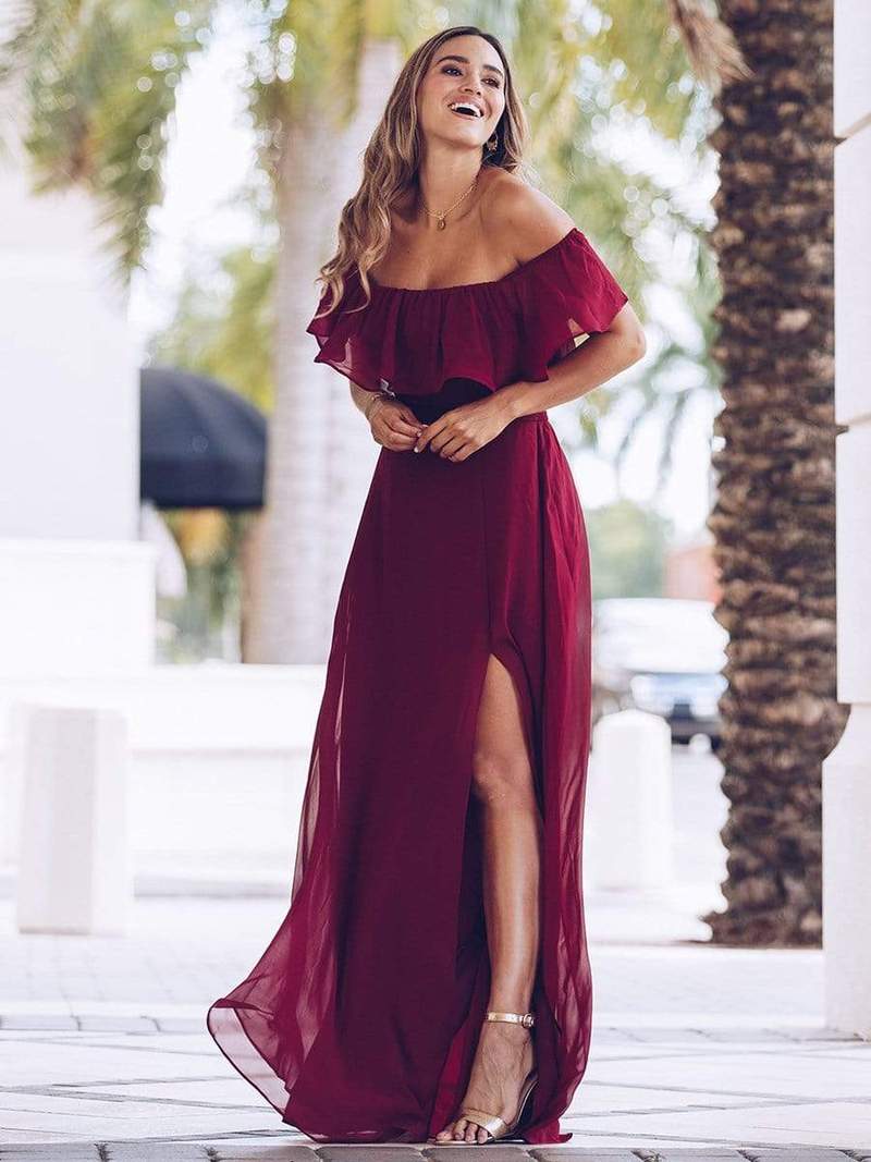 Maroon Off Shoulder Frilled Maxi Dress