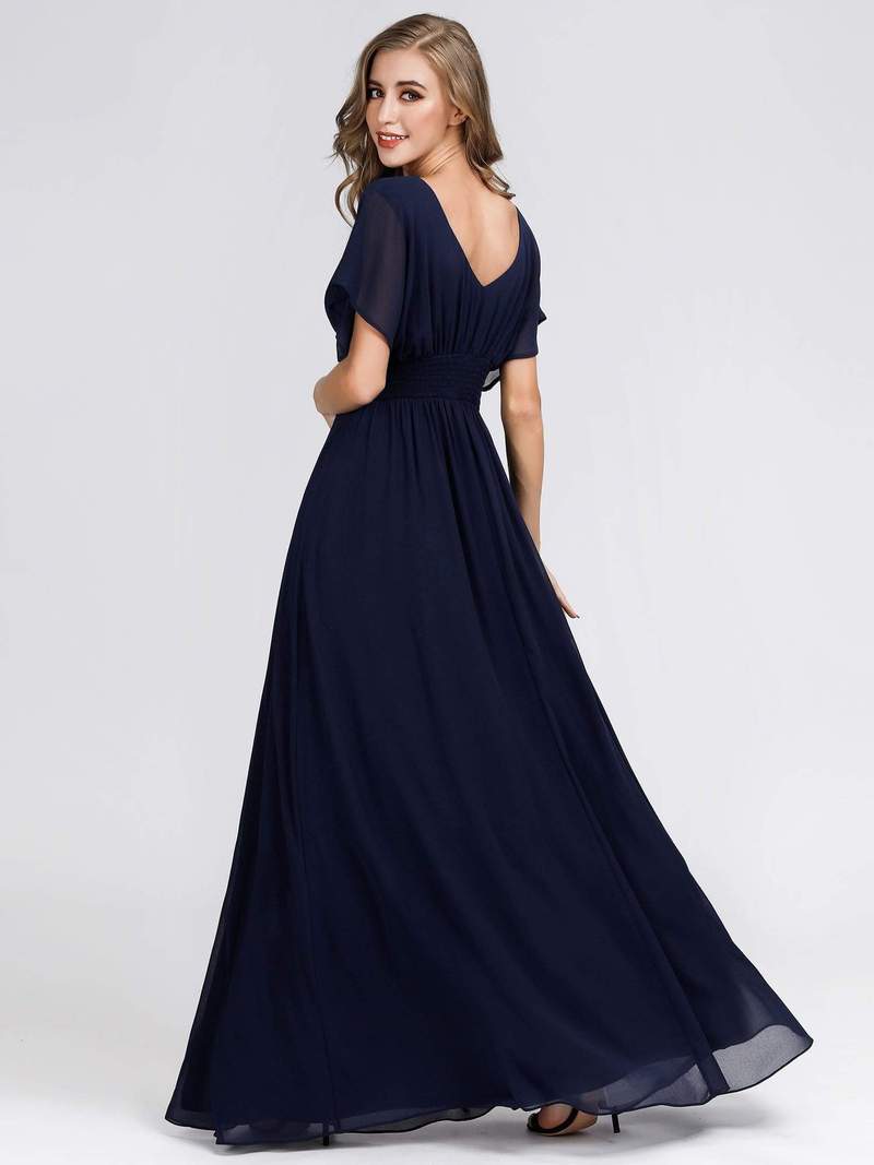 Navy V Neck Puffer Sleeves Mesh and Georgette Dress