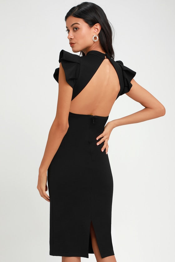 Black Scuba Ruffled Backless Bodycon Dress