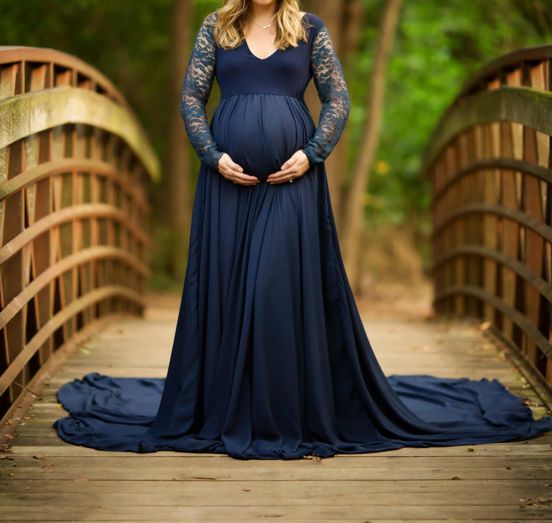 Navy Blue Lace V Neck Maternity Gown - Main Image
