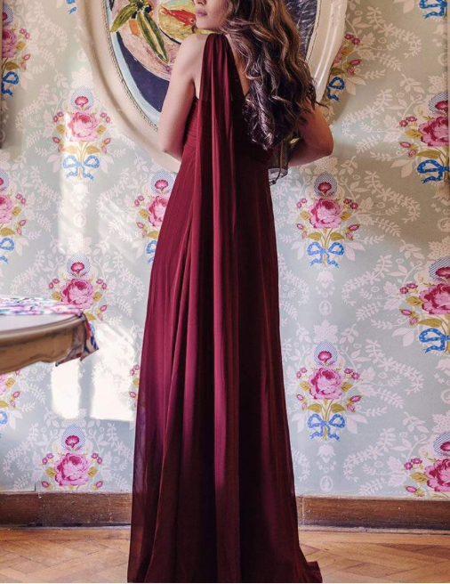 Maroon One Shoulder Draped Enigma Maxi Dress