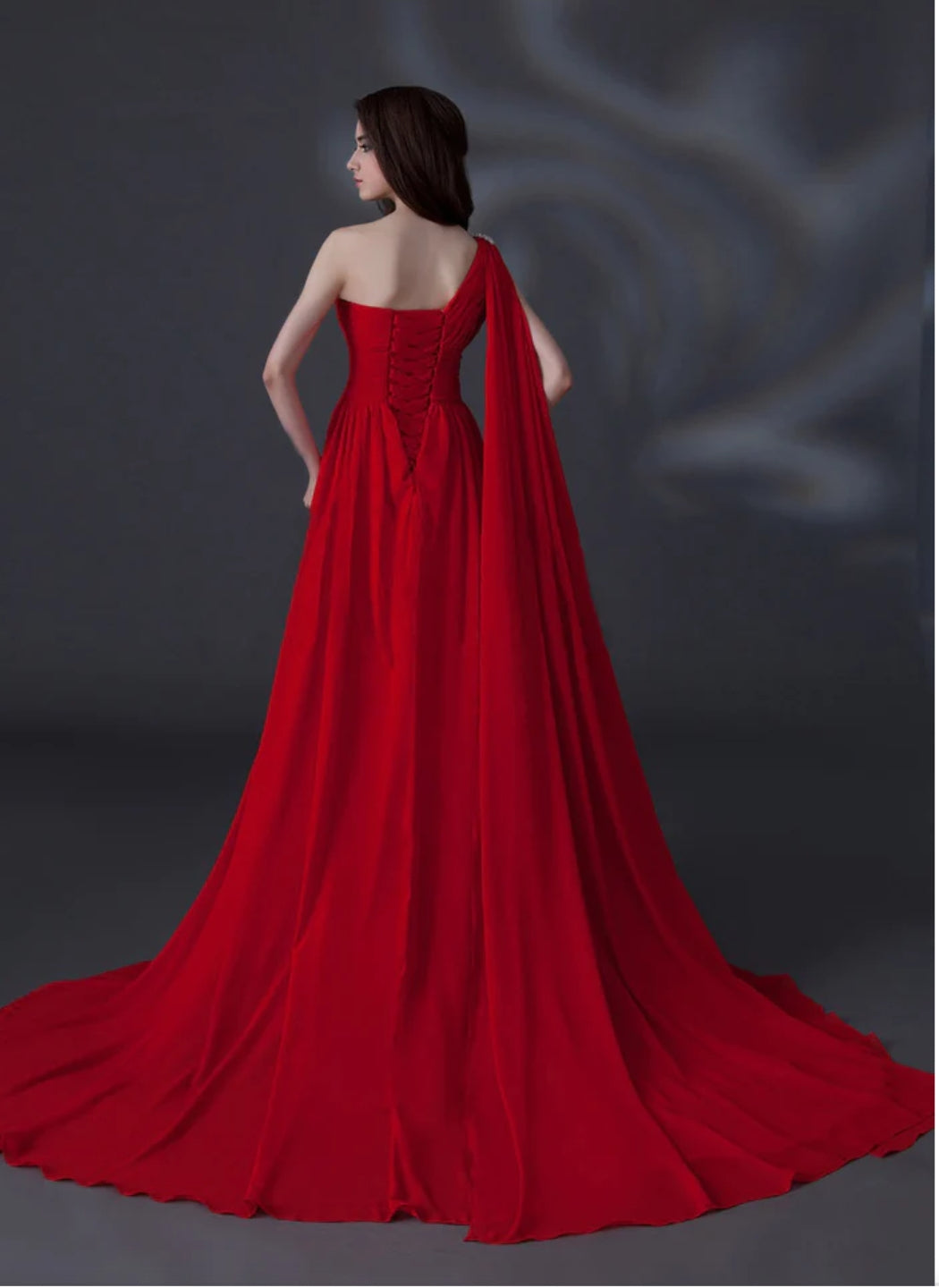 Red One Shoulder Back Trail Enigma Gown