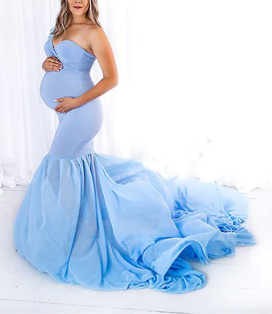 Sky Blue One Shoulder Lycra and Georgette Maternity Dress