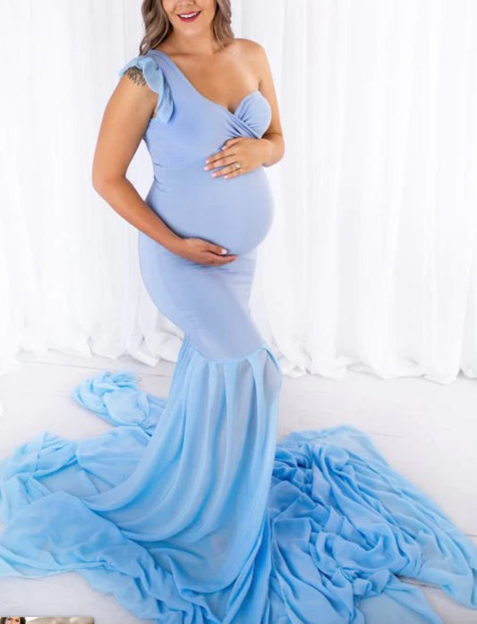 Sky Blue One Shoulder Lycra and Georgette Maternity Dress