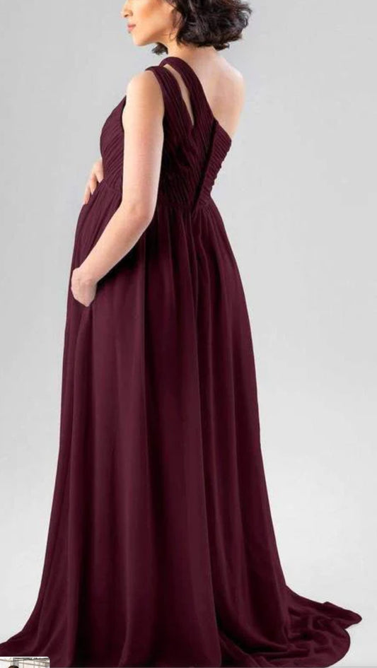 Wine One Shoulder Maternity Flared Dress