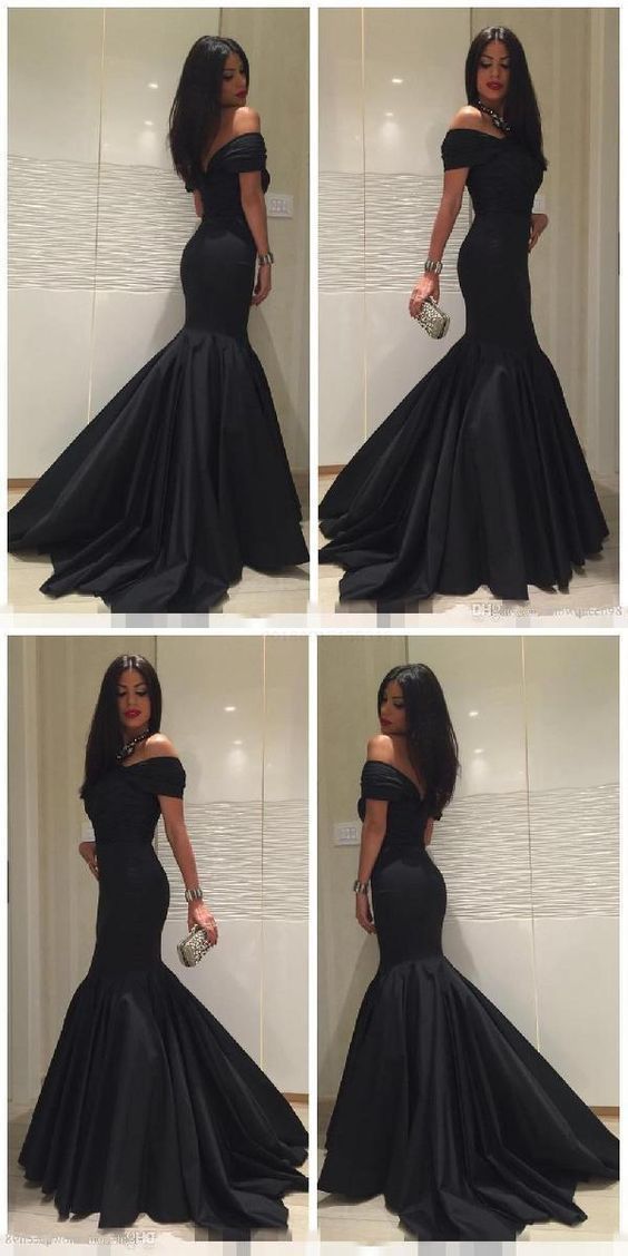 Black Off Shoulder Fishtail Cut Black Formal Gown