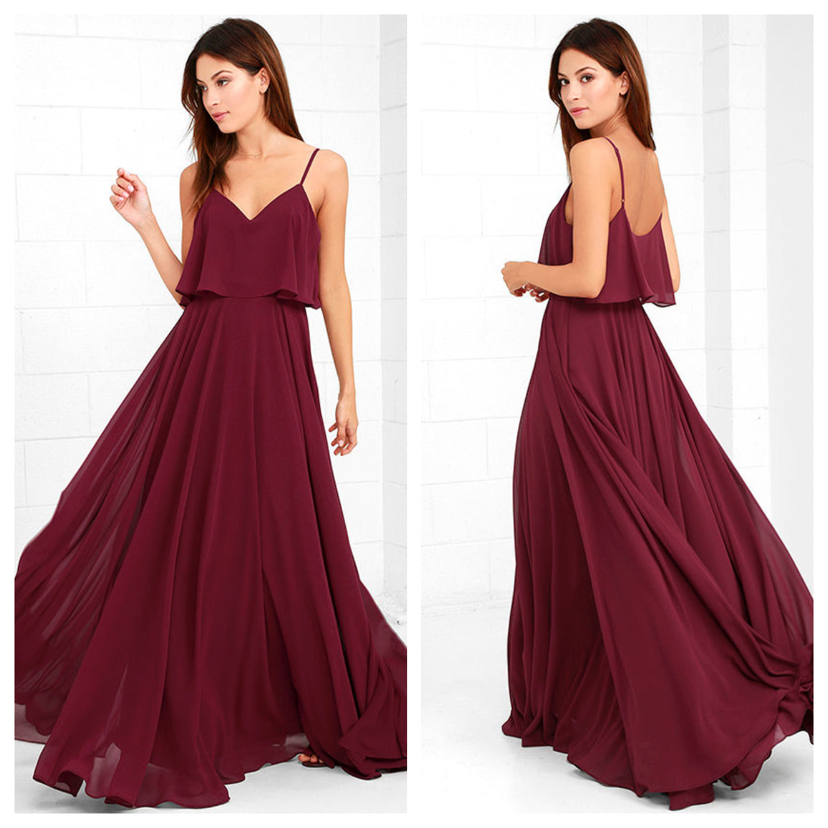 Maroon Overlap Spaghetti Strap Maxi Dress