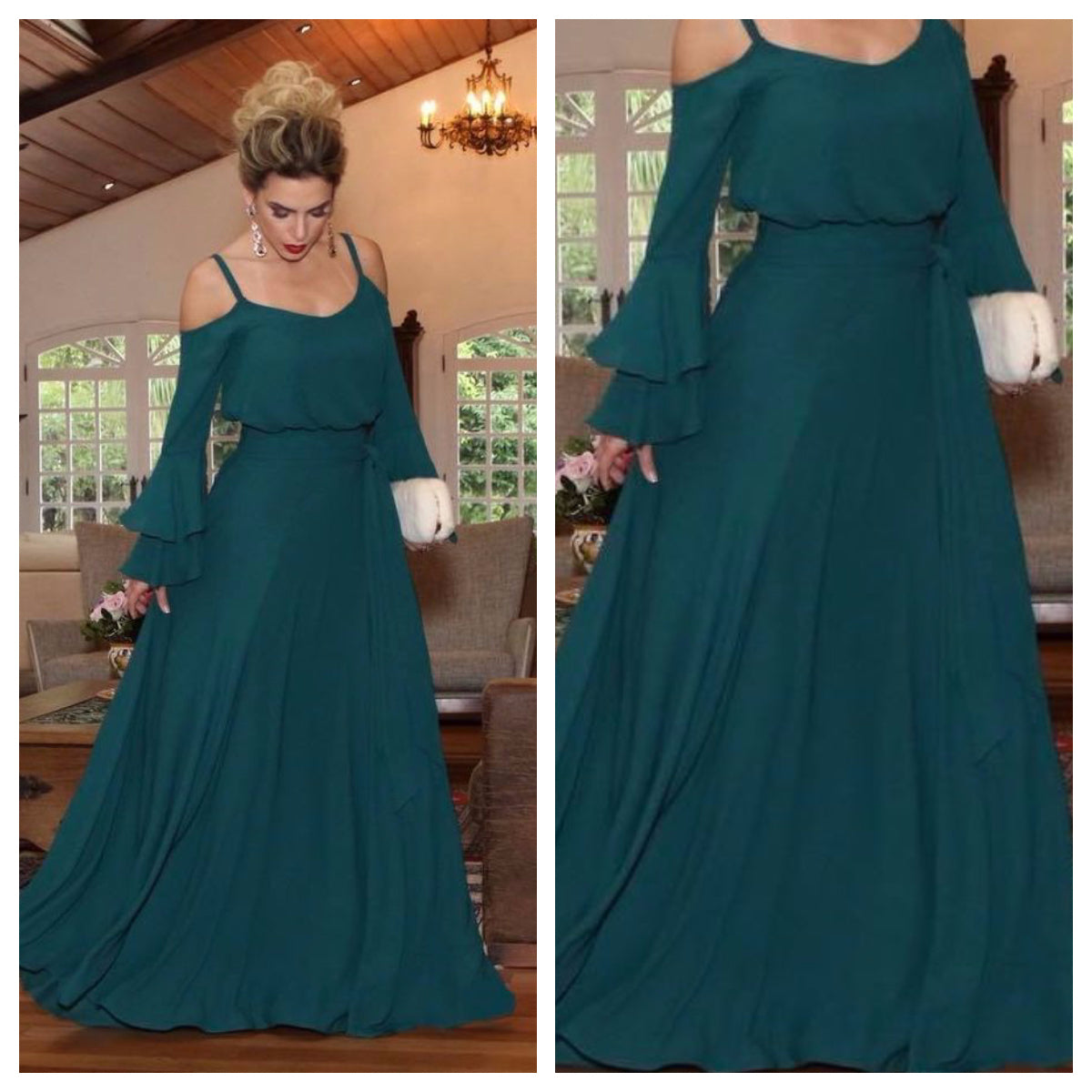 Green Cold Shoulder Flared Sleeve Maxi Dress