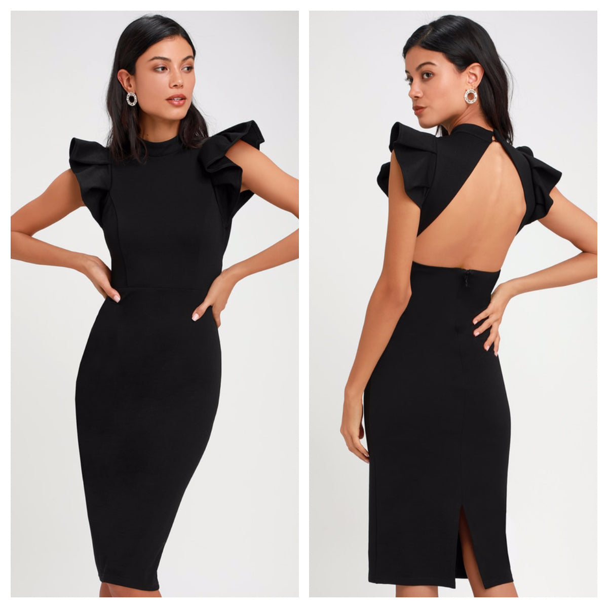 Black Scuba Ruffled Backless Bodycon Dress