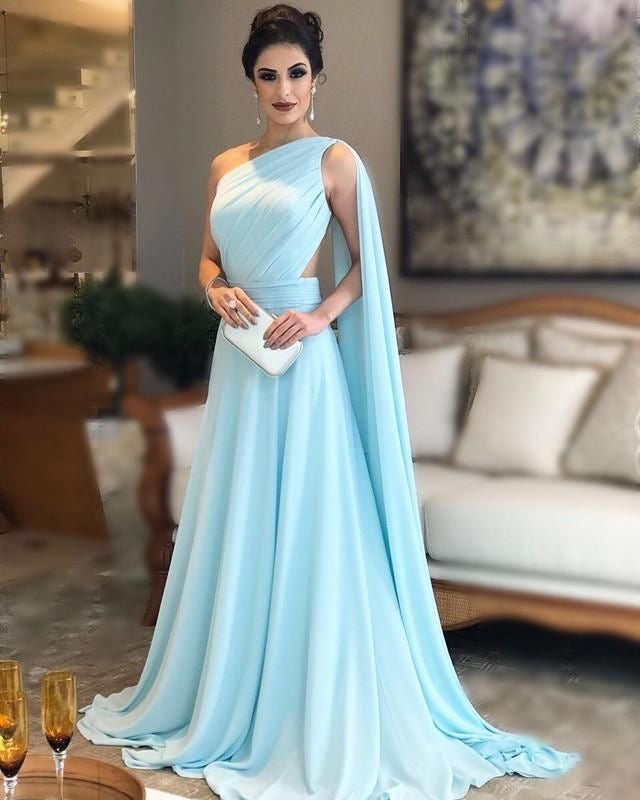 Sky Blue One Shoulder Cocktail Maxi Dress