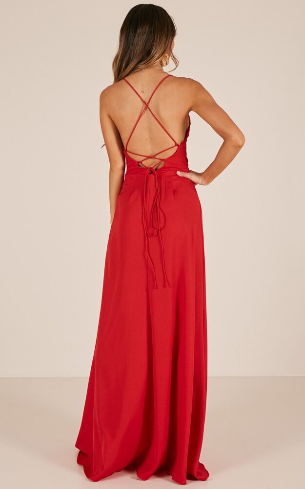 Red Side Frill Spaghetti Backless Dress