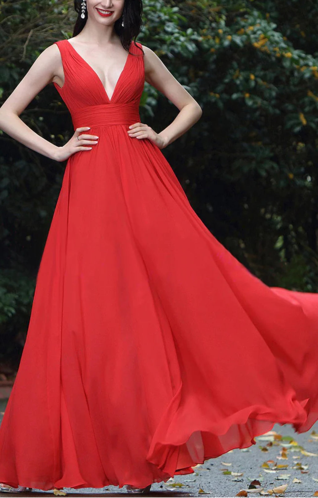 Plunge Neck Red V Neck Georgette Maxi Dress