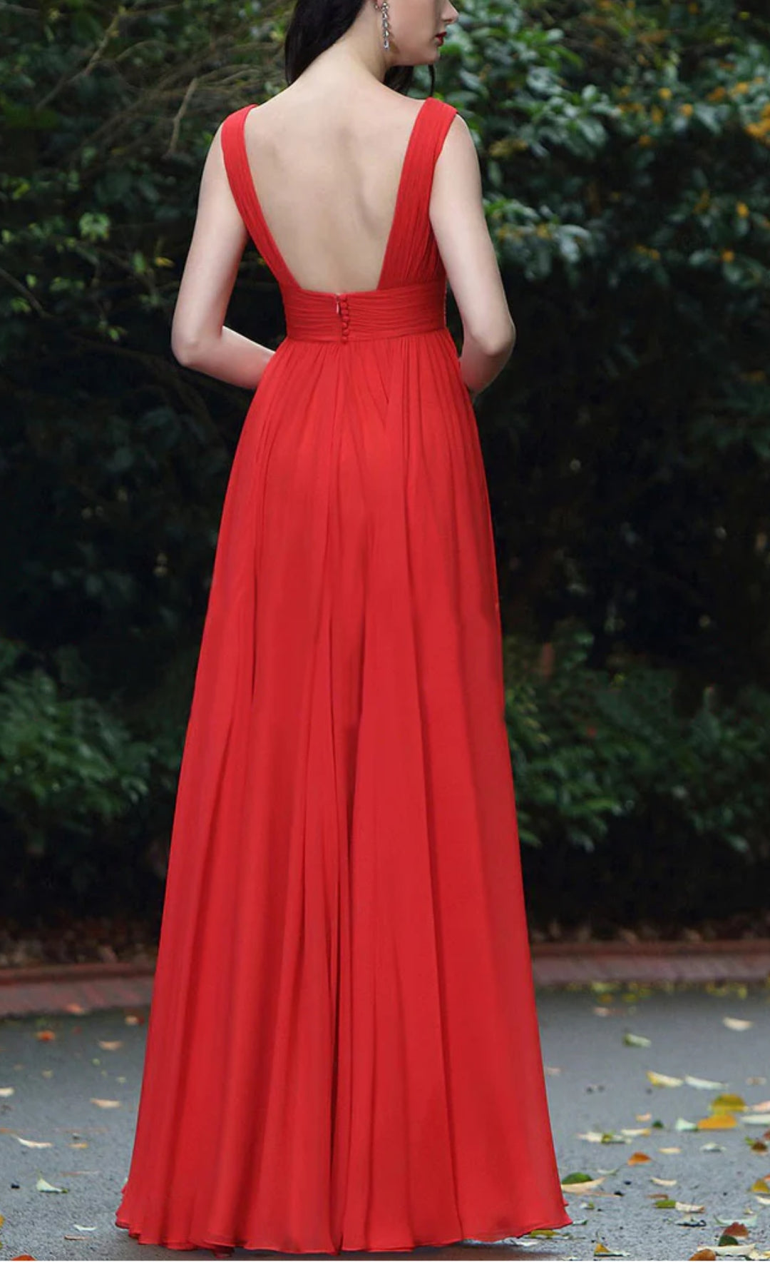Plunge Neck Red V Neck Georgette Maxi Dress