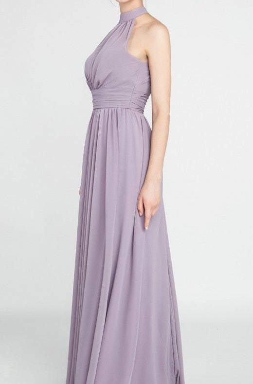 Purple Close Neck Flared Maxi Dress