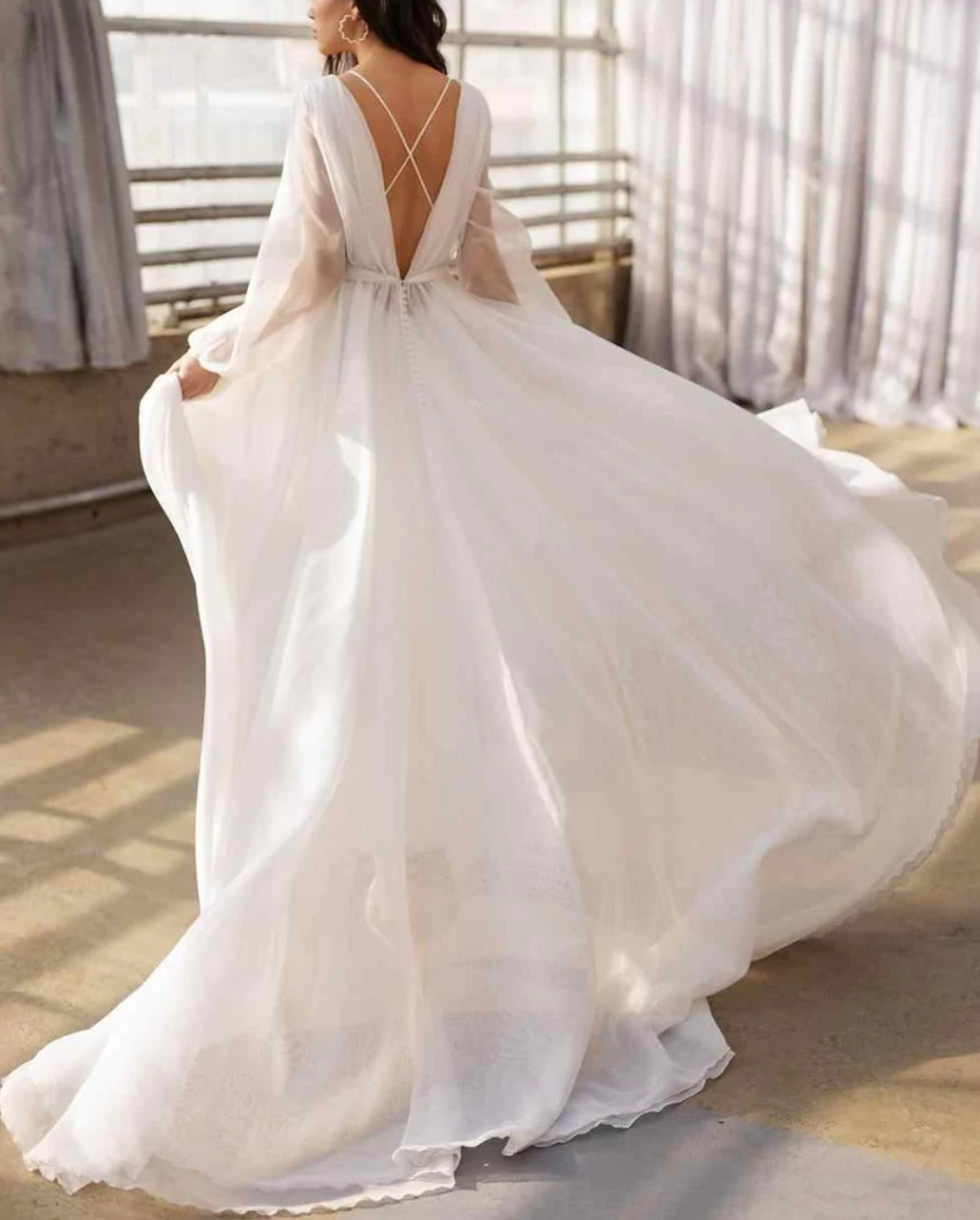 Breezy White V Back Puffer Sleeves Trail Gown