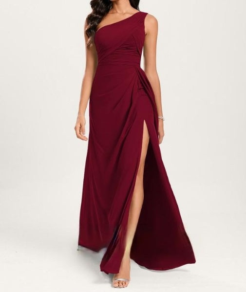 Maroon One Shoulder Floor-Length Georgette Bridesmaid Dress With Ruffle
