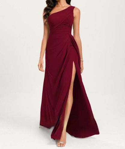 Maroon One Shoulder Floor-Length Georgette Bridesmaid Dress With Ruffle