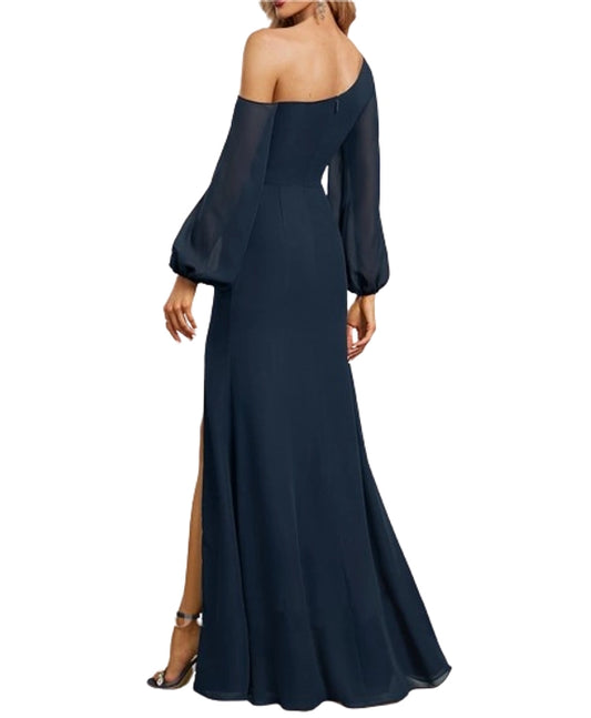 Navy Blue Balloon Sleeves Evening Wear Maxi Dress
