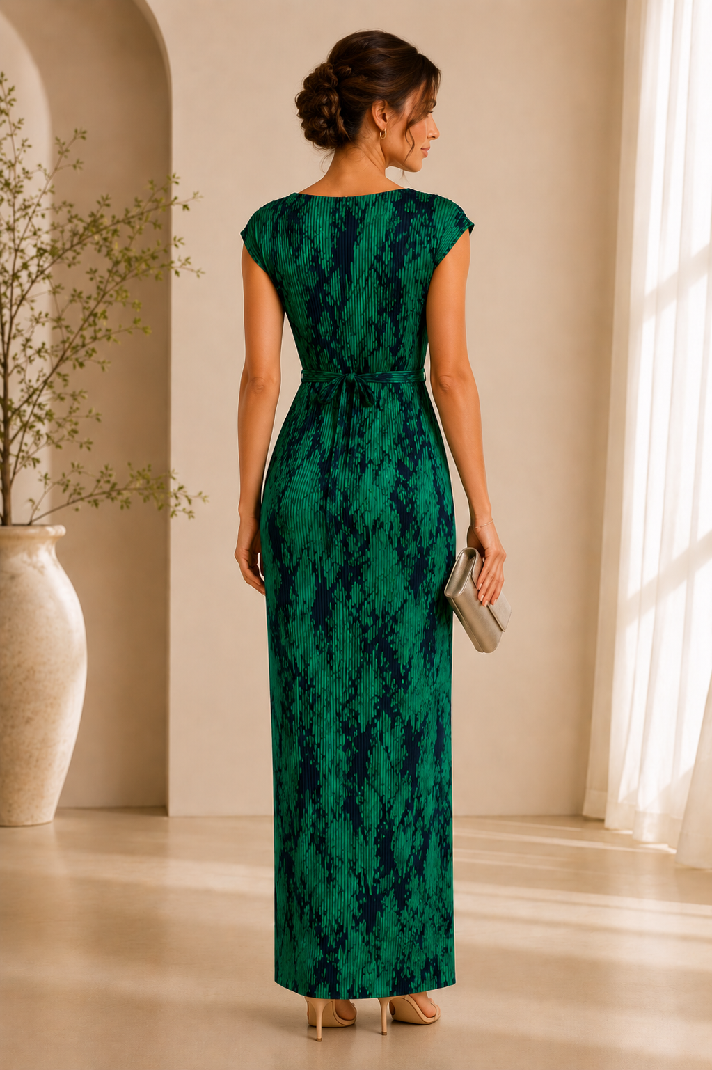 Emerald Green Abstract Print Pleated Maxi Dress