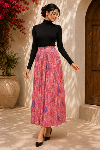 Pink Floral Pleated Maxi Skirt