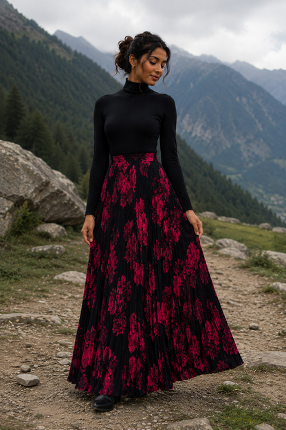 Midnight Bloom Pleated Maxi Skirt